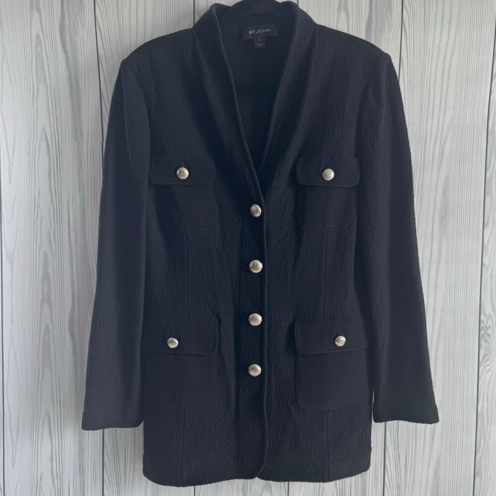 St John Women's Knit Suit Jacket Black Silver Buttons USA  Size 12